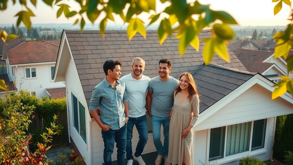 Happy Surrey family appreciating newly repaired roof by local roofing company