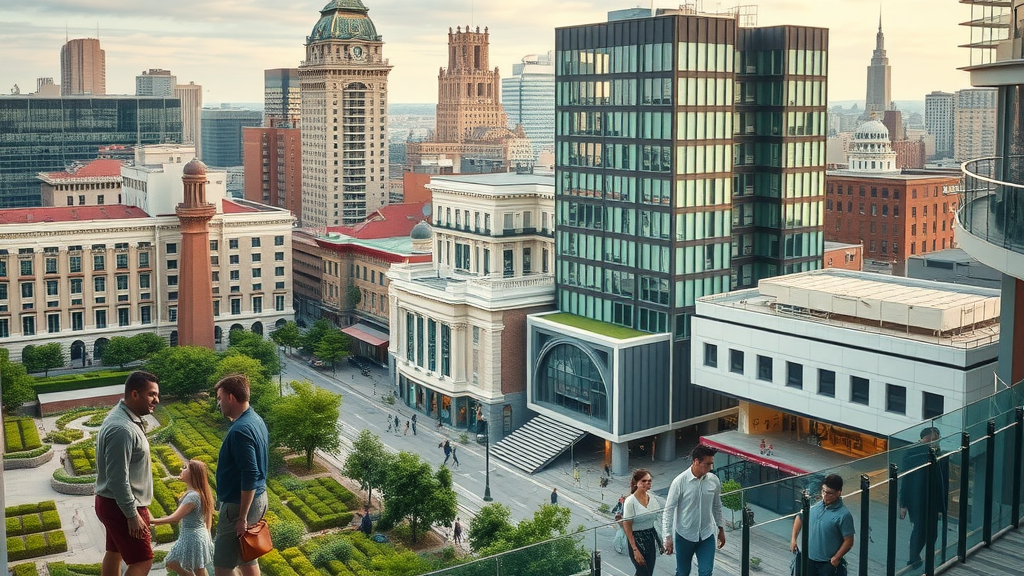 dynamic cityscape showing people interacting with diverse, inspirational buildings in a modern built environment, blending tradition and innovation – building construction architecture and design