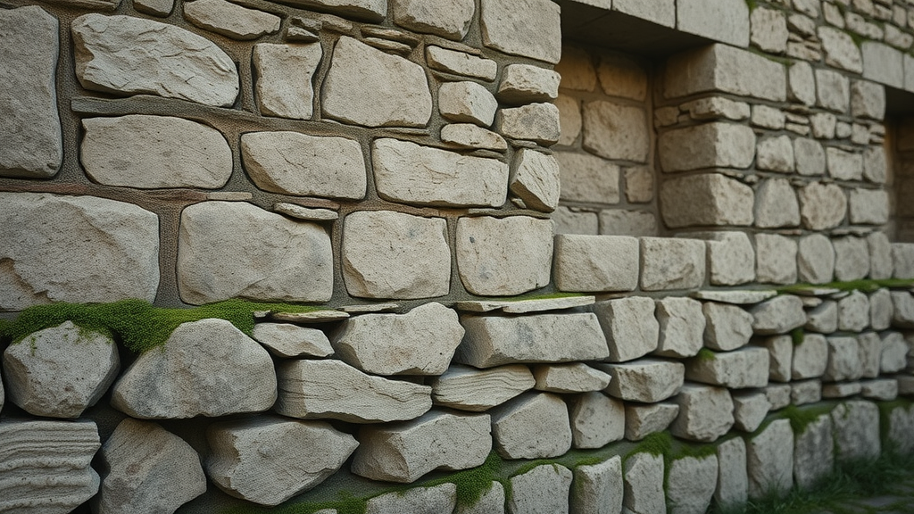 Historic stone building foundation with weathered stones, stone foundations, building foundation materials