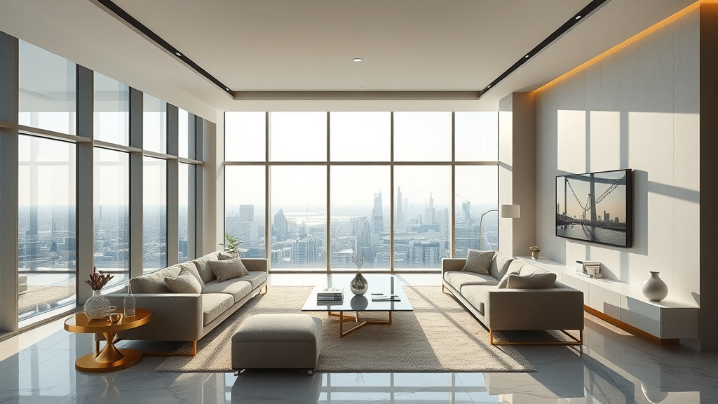 sleek modern London penthouse living room, sophisticated and inviting, flooded with natural light, panoramic skyline, polished marble floors, neutral color palette, subtle gold accents, soft lighting