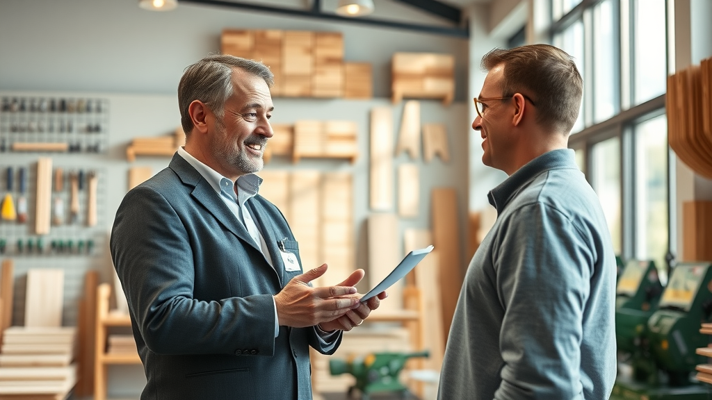 Inside timber merchants showroom, expert guides homeowner on material choice