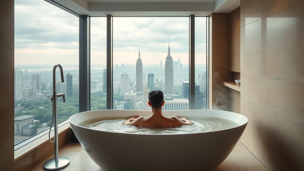 refined penthouse bathroom retreat, person soaking in freestanding tub by city view window, skyline and greenery, warm stone and white palette, ambient lighting