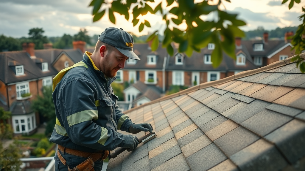 Professional roofer inspecting a well-kept roof in Surrey and London suburb