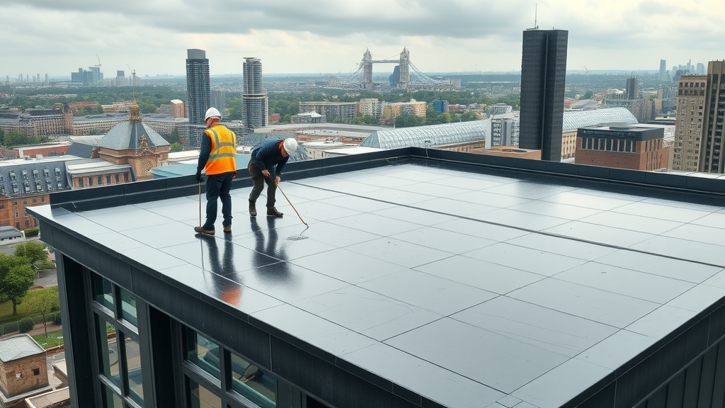 Roofing company professionals waterproofing urban roof in London setting
