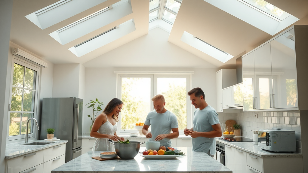 Family kitchen full of daylight from skylights and sun tunnels