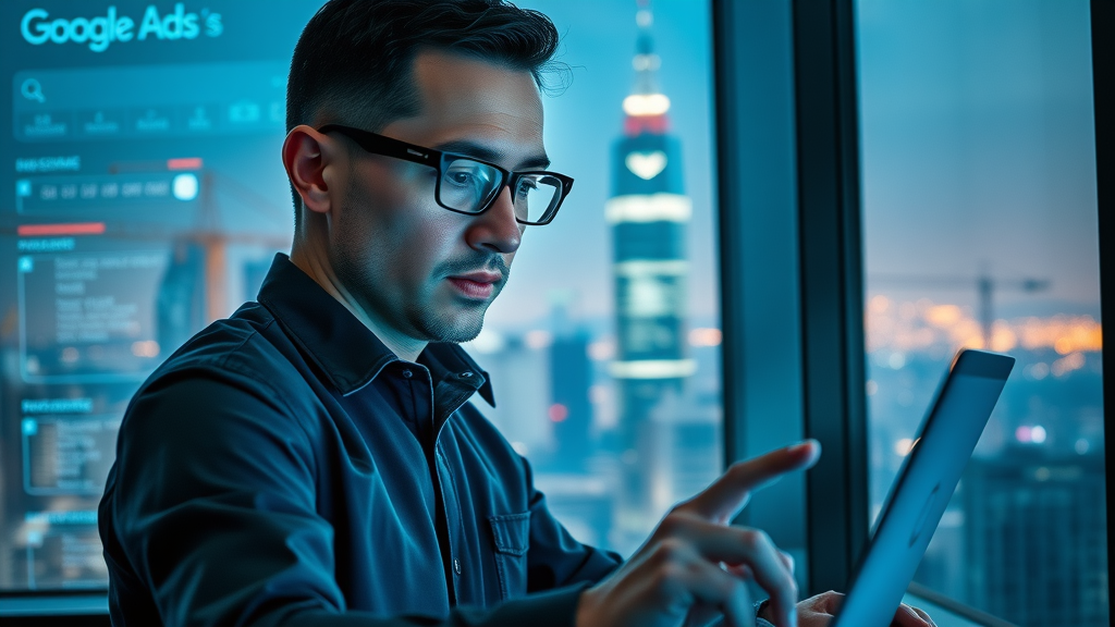 digital marketer developing Google Ads campaign for construction firm, digital interface with search engine graphics and skyscraper cityscape