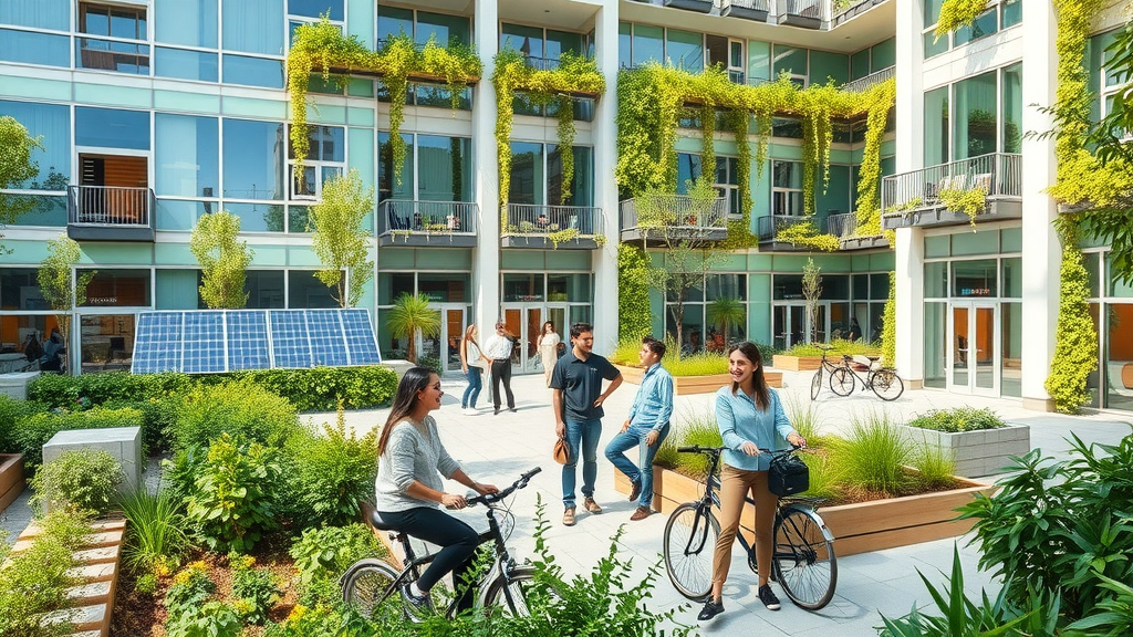 vibrant eco-friendly building with people enjoying an interactive landscaped public plaza – building construction architecture and design