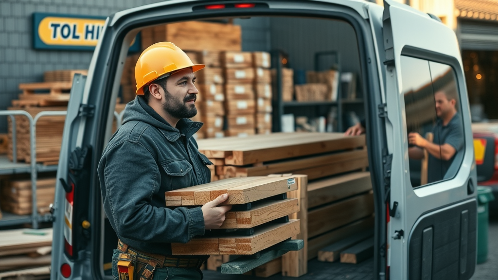 Builder loading timber and tools at UK builders merchants yard, early morning