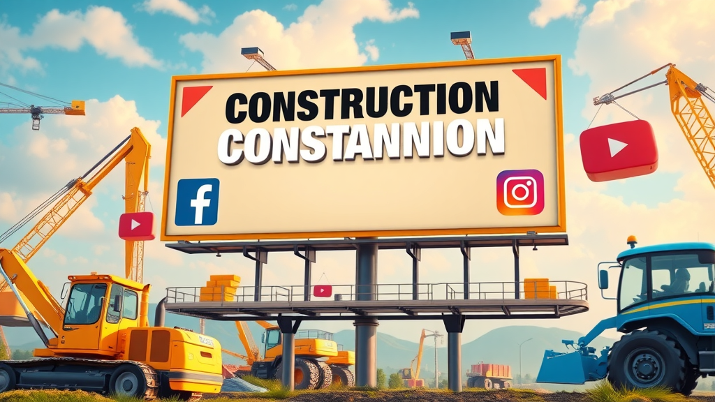 dynamic construction company billboard ad shared on social media devices, animated background with Facebook, LinkedIn, Instagram, Youtube logos and construction machinery