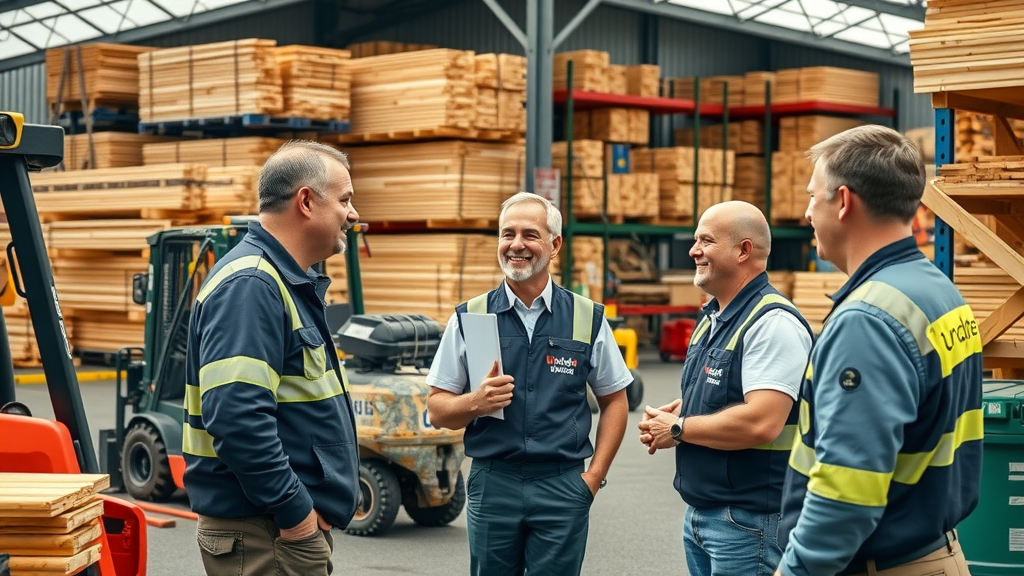 UK builders merchants timber yard with staff advising customer and tool hire area
