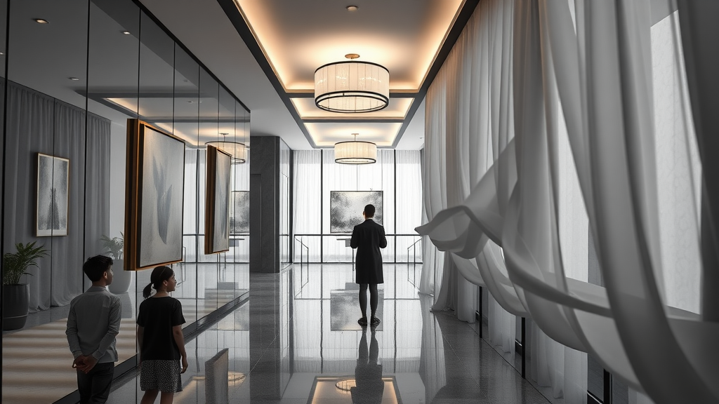 elegant penthouse hallway with contemporary art, tranquil and airy, glass walls, sculptural lighting, monochrome with gold accents, movement in silk drapes