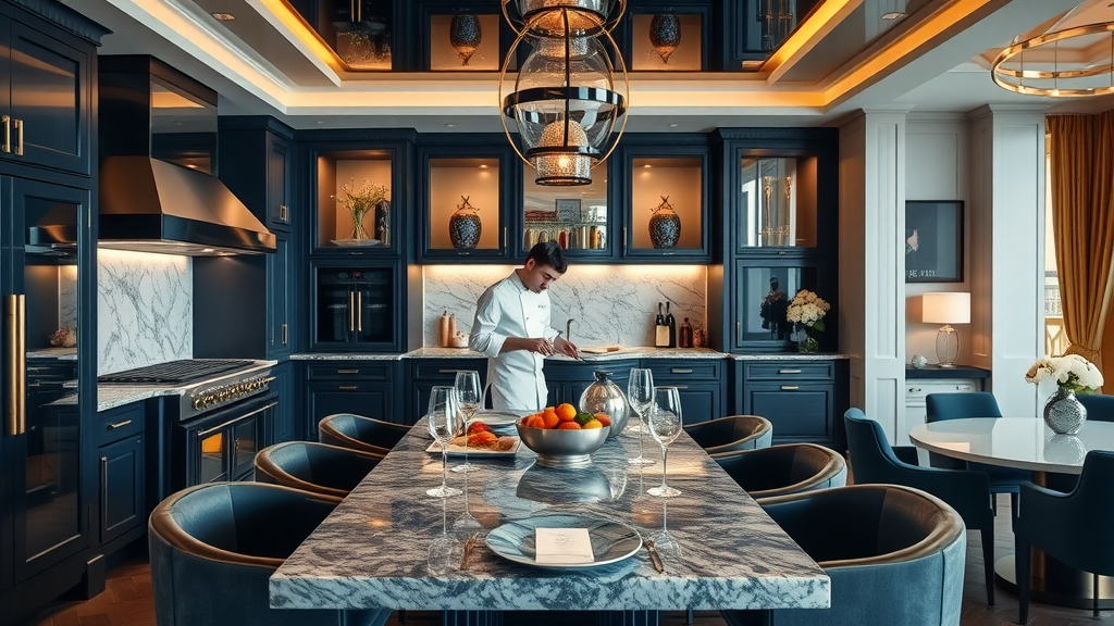 opulent penthouse kitchen and dining area, chef preparing gourmet meal, open-plan living, bespoke cabinetry, marble island, navy and brass accents, soft pendant lighting