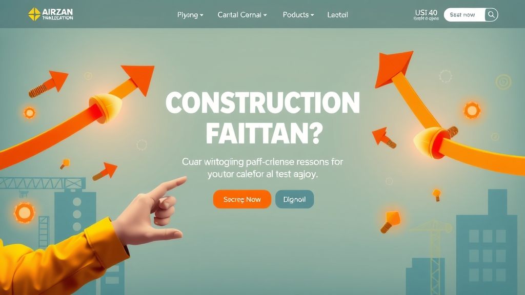 sleek modern construction company website landing page, strong calls-to-action, animated construction icons, arrows guiding the eye, bold brand coloring