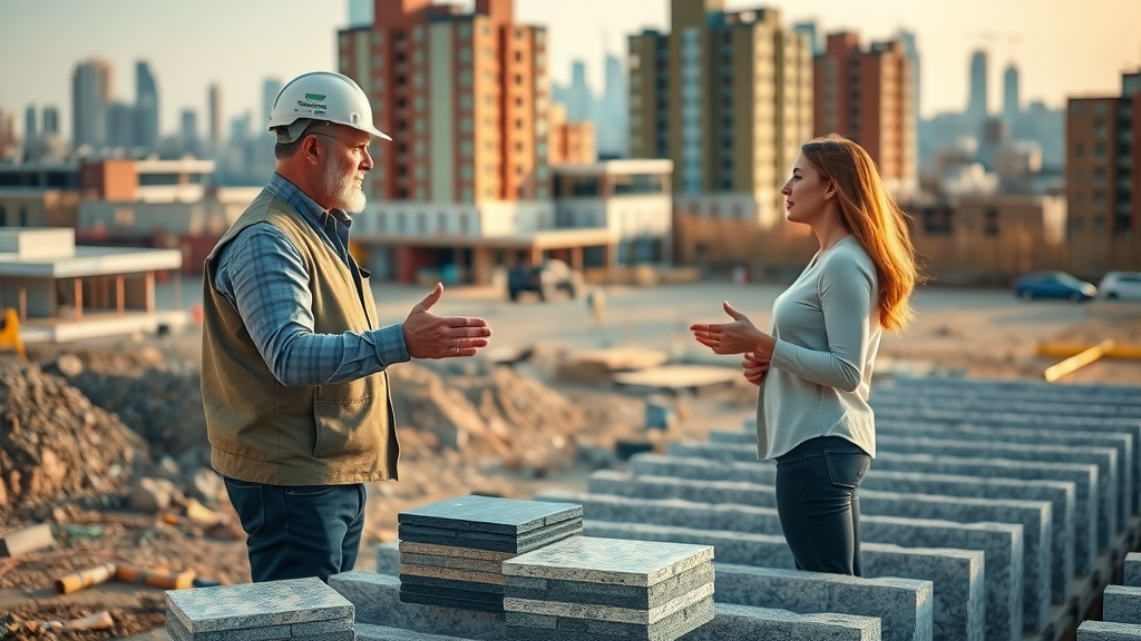 Construction consultant with foundation material samples advising clients, foundation building materials