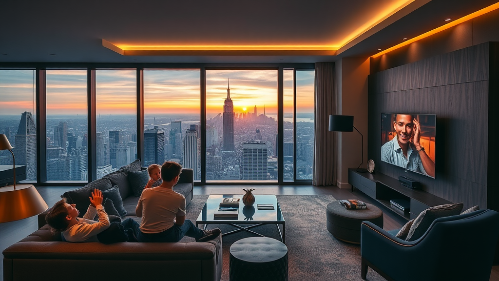 stylish penthouse living and media room, family interacting with technology, vibrant and cozy, city skyline sunset, integrated furnishings, navy, charcoal, gold palette