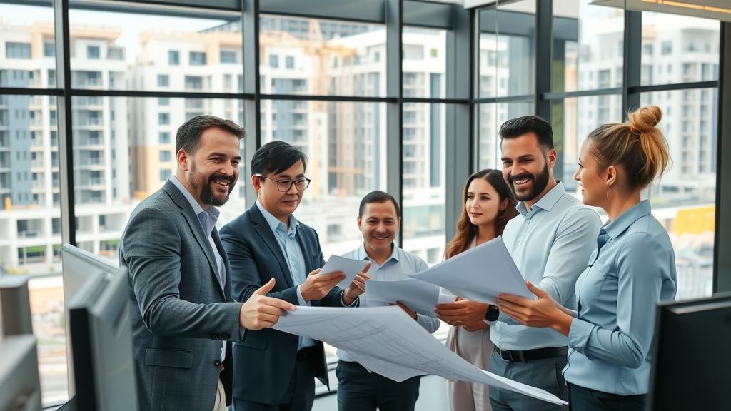 modern construction company office, confident business team collaborating, discussing marketing strategies, large glass windows overlooking construction site, highly detailed, busy atmosphere, digital screens and printed blueprints