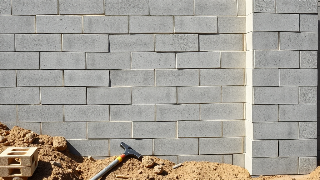 Concrete block foundation wall under construction with masonry tools, building foundation materials