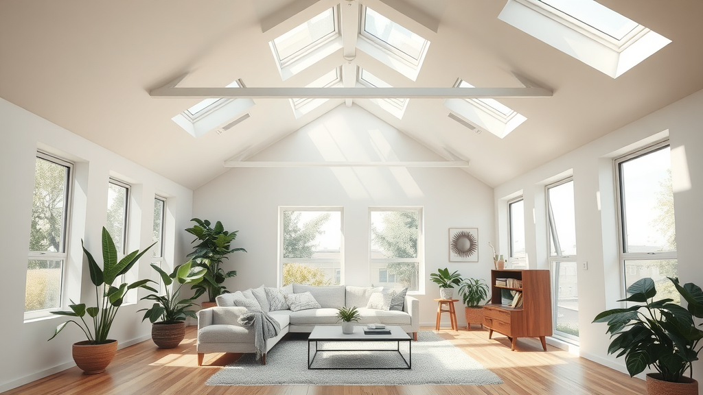 Contemporary room filled with natural light from sun tunnels and skylights