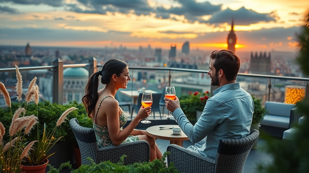 lush private penthouse rooftop garden and terrace, couple enjoying sunset drinks, panoramic London skyline, sage green and stone hues, golden hour lighting