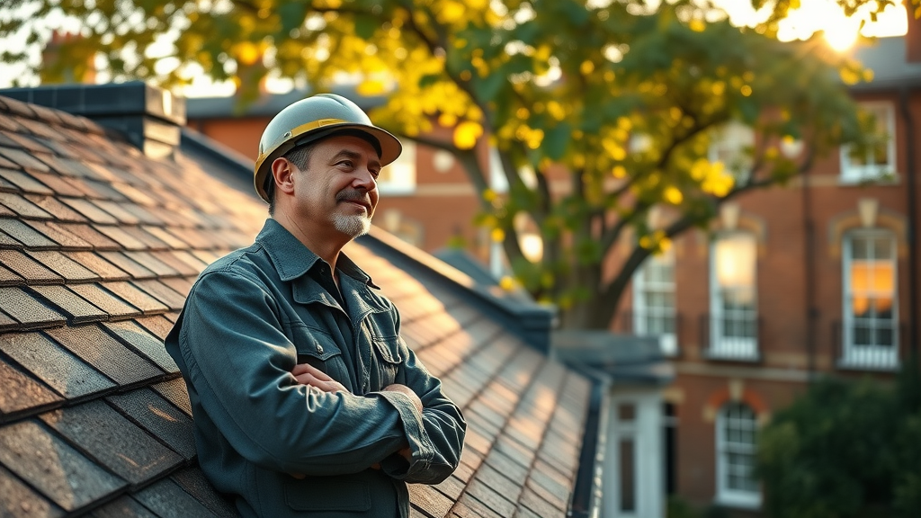 Experienced roofer maintaining period townhouse roof in London at sunset