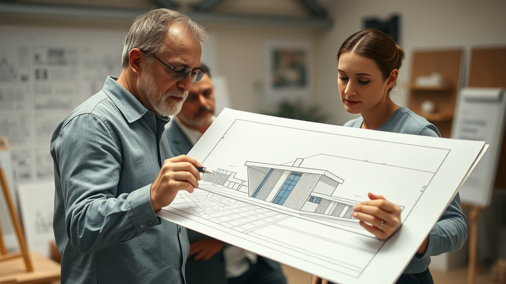 elegant architectural drawing of a modern building with architects collaboratively sketching in a design studio – building construction architecture and design