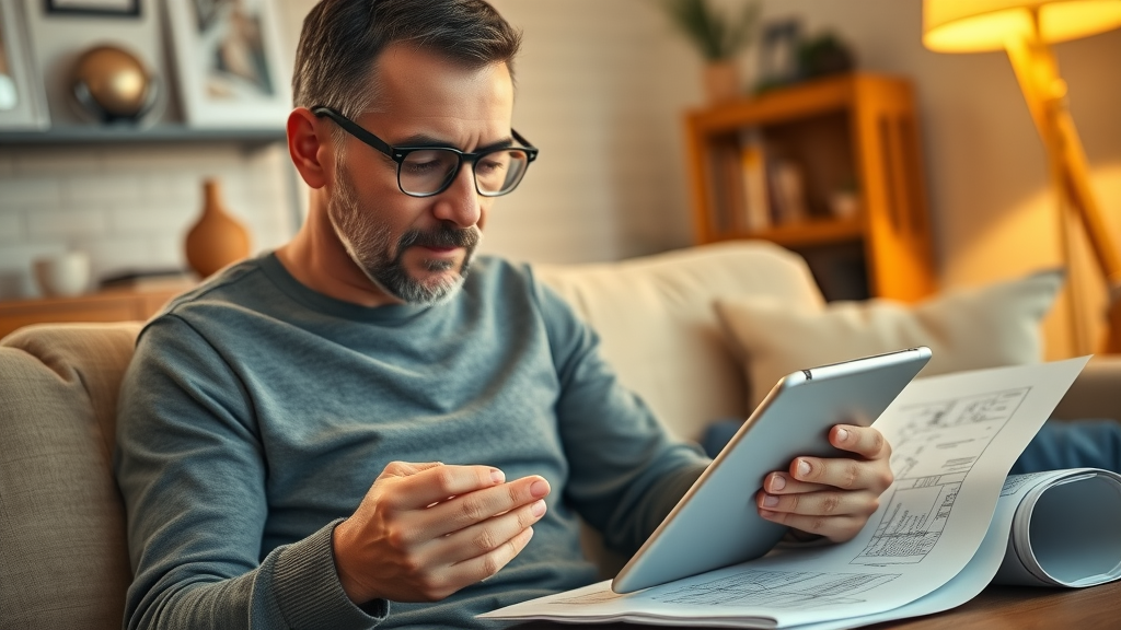 engaged homeowner viewing retargeted construction ad while browsing tablet, living room, blueprints on table, warm lighting