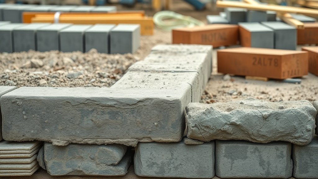 Variety of building foundation materials including poured concrete, concrete block, wood beams, stones, and bricks, construction site background, building foundation materials
