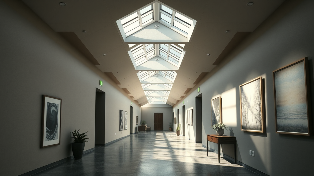 Bright hallway with sun tunnels and roof windows for enhanced daylighting
