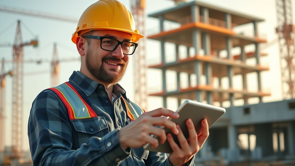 ambitious foreman with tablet analysing website analytics data on construction project site, partially built structure with cranes and workers, focus on digital display