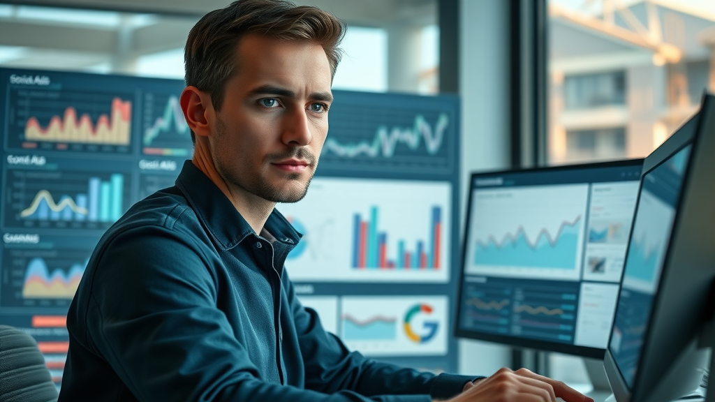 sleek digital dashboard, marketer reviewing campaign results, managing social media and Google Ads for a construction brand, monitor with graphs and construction site view