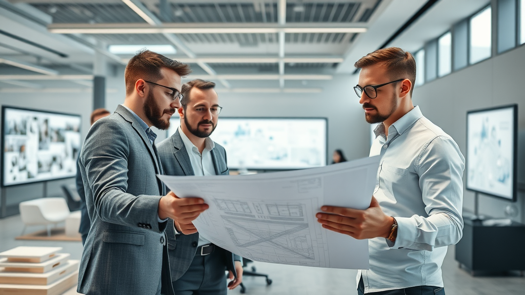 sleek interior space with architects and engineers working together on blueprints in an open-plan office – architectural design in building construction architecture and design