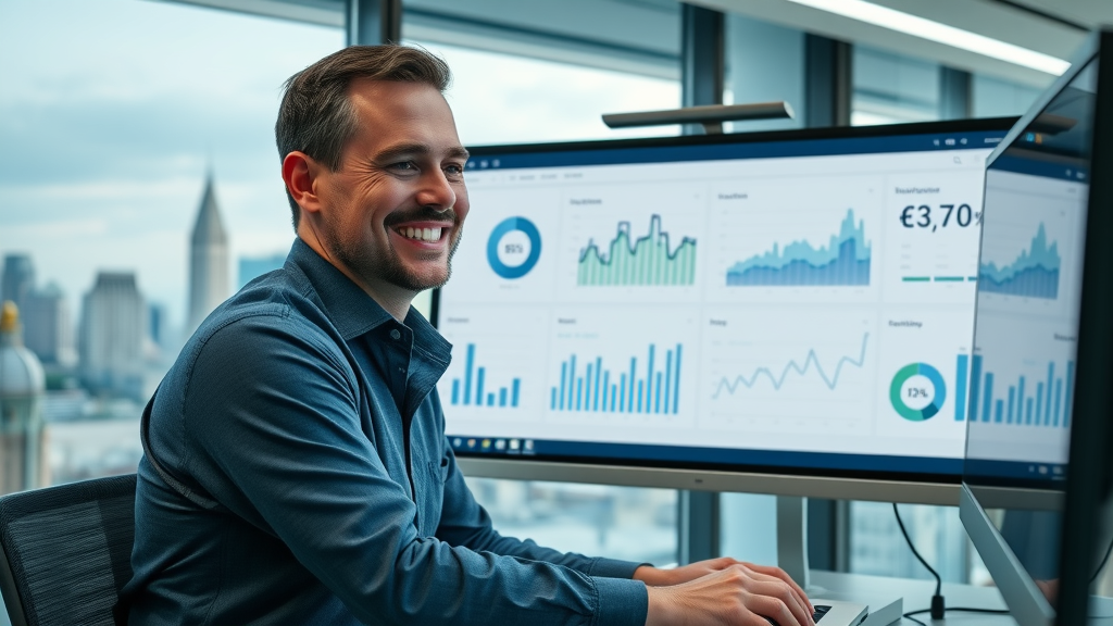 professional analyst reviewing website traffic and ROI dashboard for a construction firm, office with city skyline, analytical graphs
