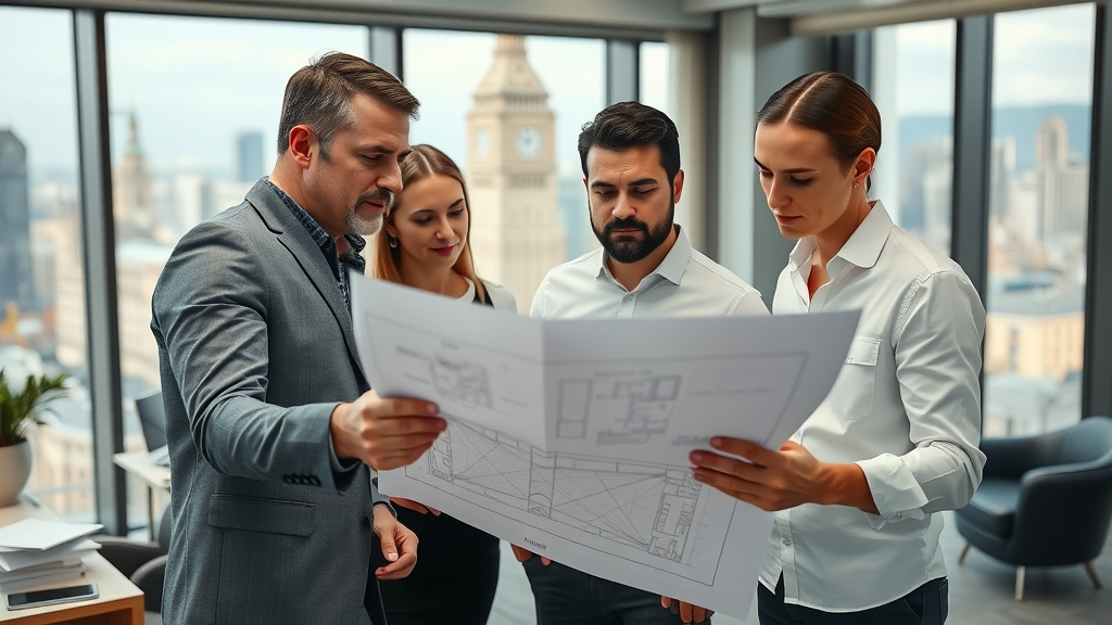 Professional renovation company in London overseeing blueprint, renovation specialists in office