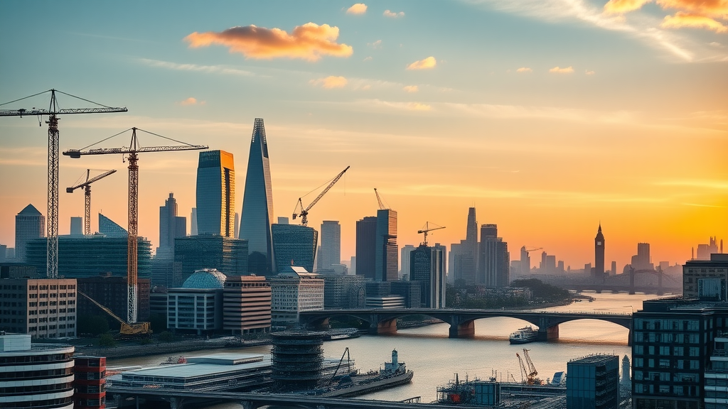 Vibrant London cityscape at sunrise with bustling construction cranes and office buildings, Thames river, and active commercial construction projects in Greater London