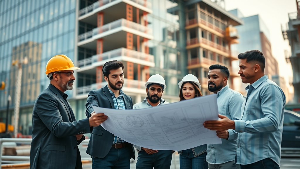 Modern office building under construction with glass facade, construction professionals and machinery at work in Greater London
