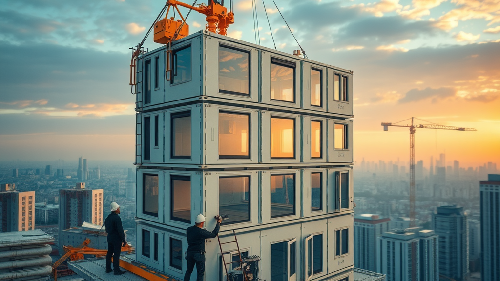 Modular office building being assembled in Greater London, workers and cranes in foreground, with cityscape in the background