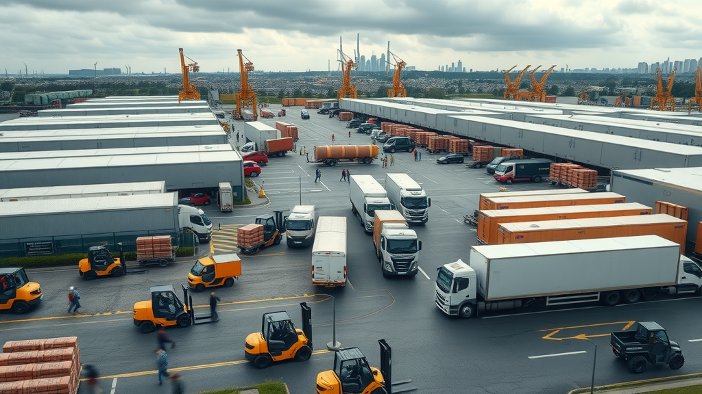Industrial logistics park in East London with warehouses, forklifts, trucks, and busy workers, highlighting commercial construction projects Greater London