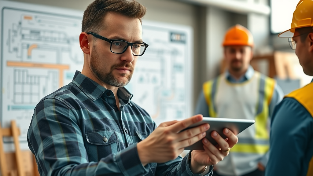 Construction project manager using tablet and digital blueprints at a site in Greater London, collaborating on top construction projects
