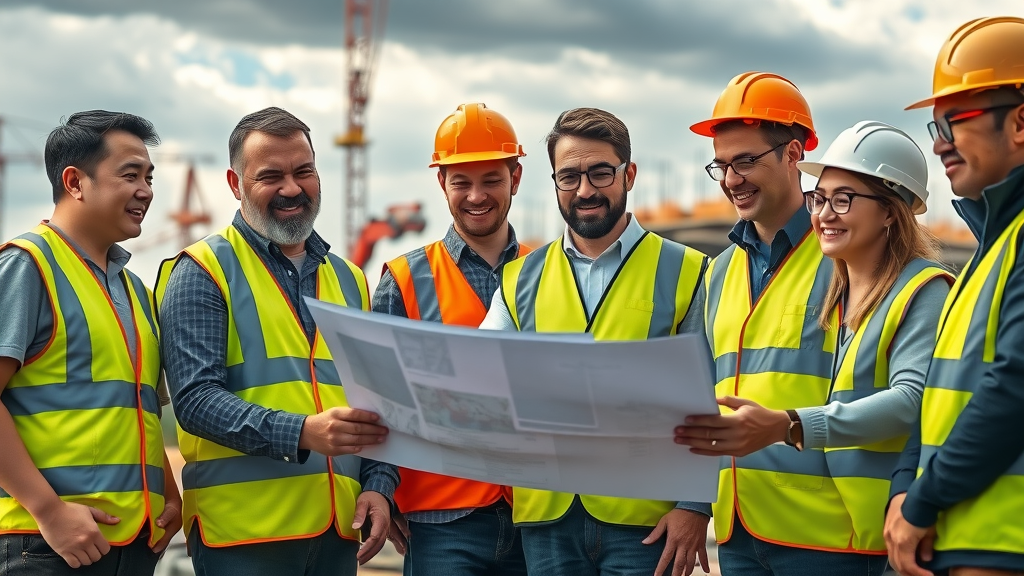 Diverse team of project managers and contractors collaborating at an active commercial construction site in Greater London
